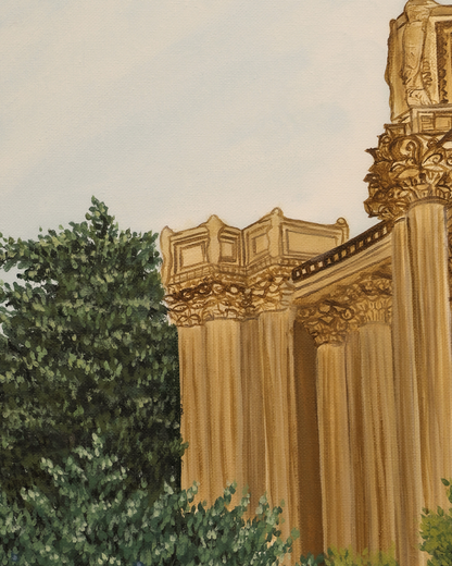 Decorative architectural columns with intricate details against a light background palace of fine arts in california art print for sale