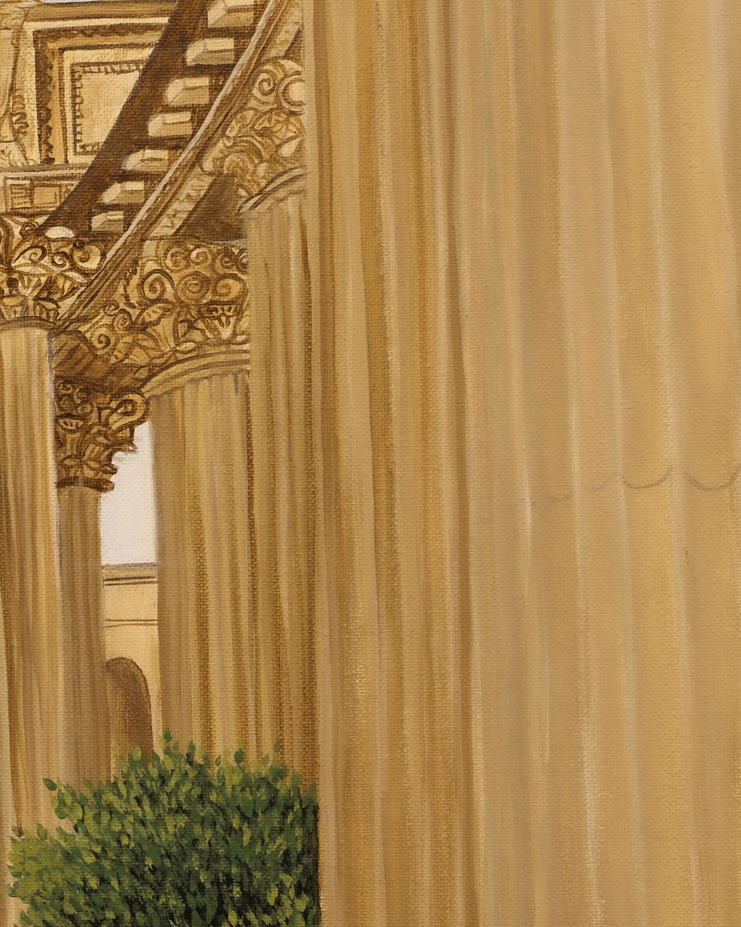 Decorative architectural detail with columns and a pediment, featuring gold and green colors the palace of fine arts in california art print for sale