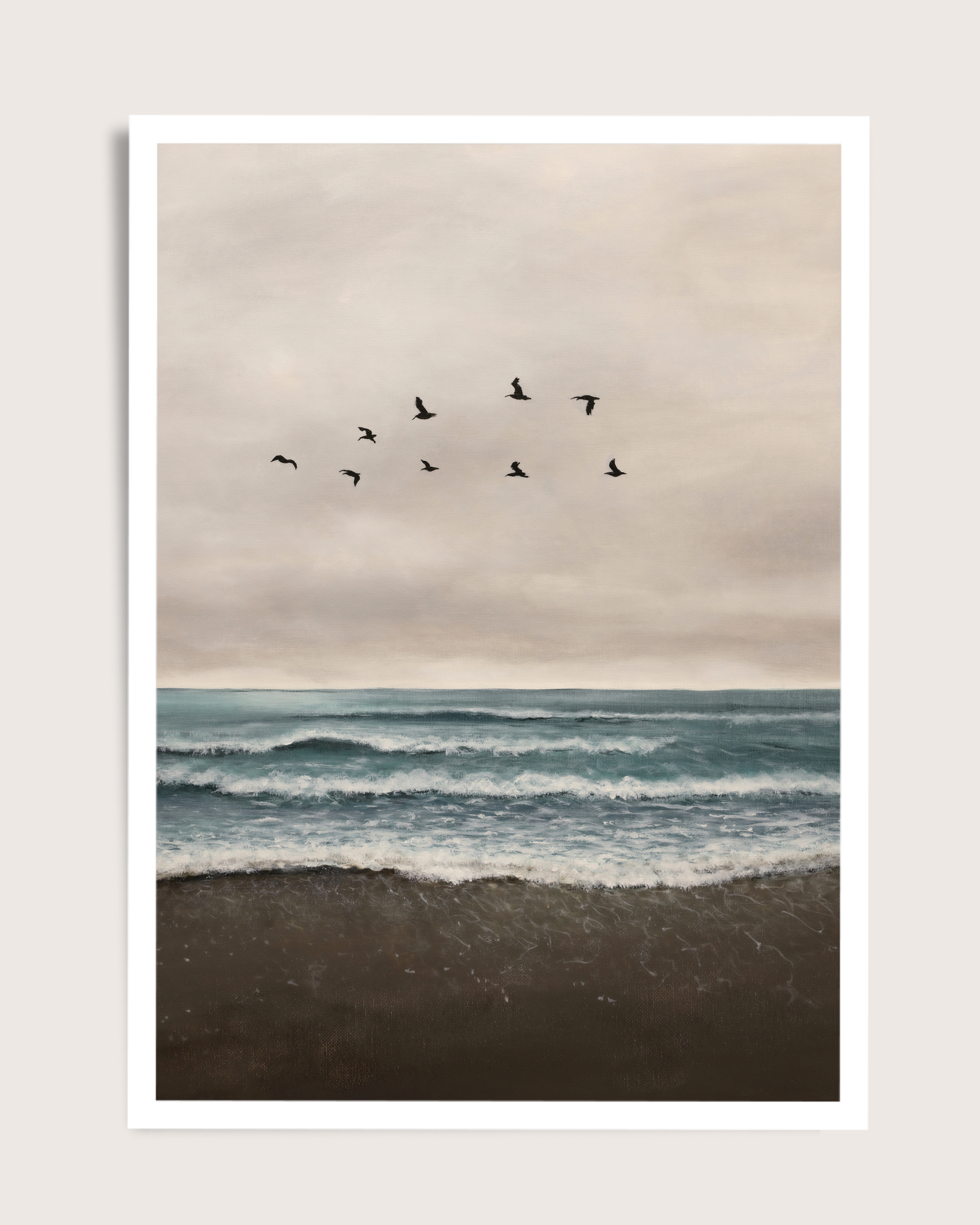 Artwork of birds flying over a beach with ocean waves.
