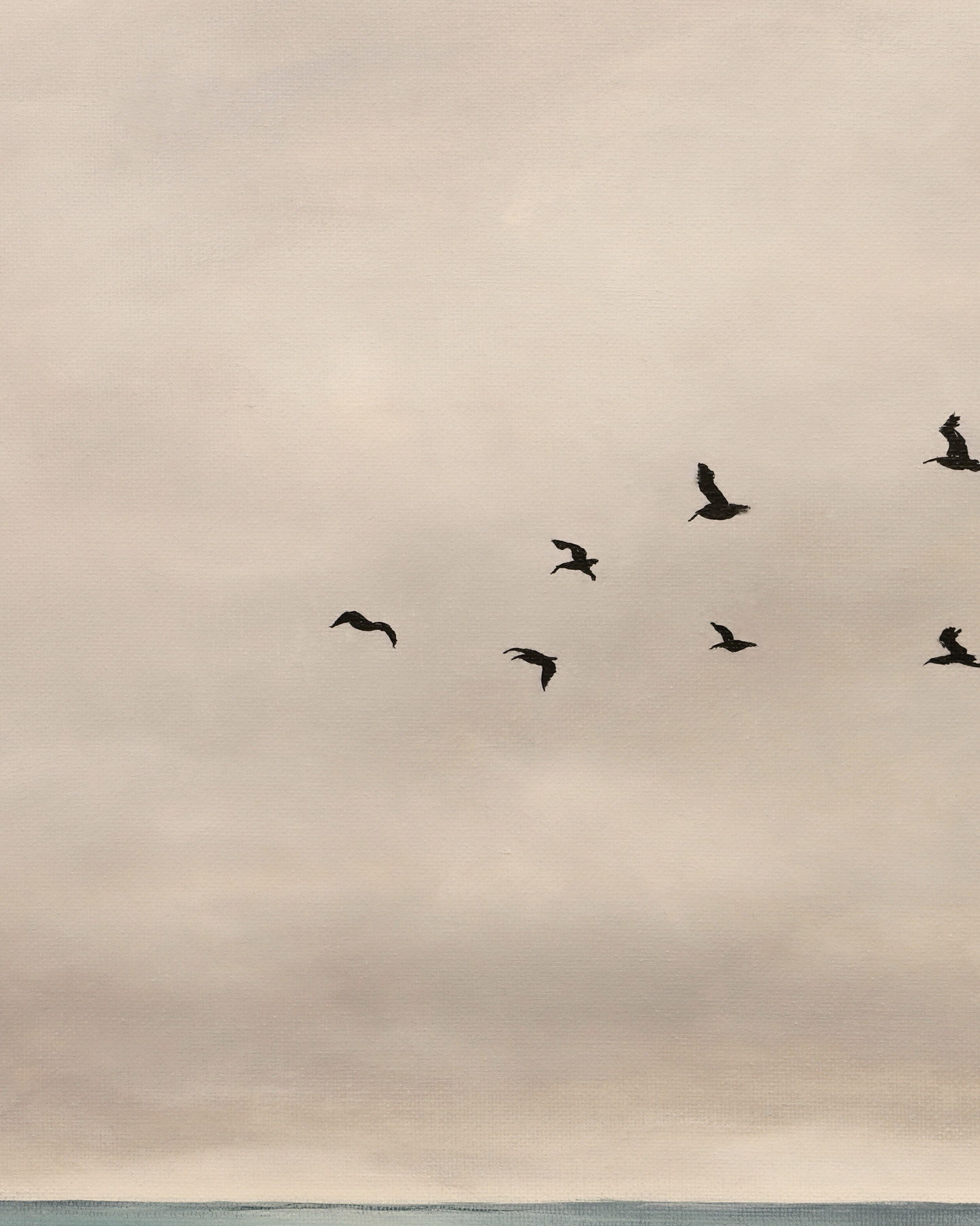 Silhouettes of birds flying against a cloudy sky with a body of water at the bottom.