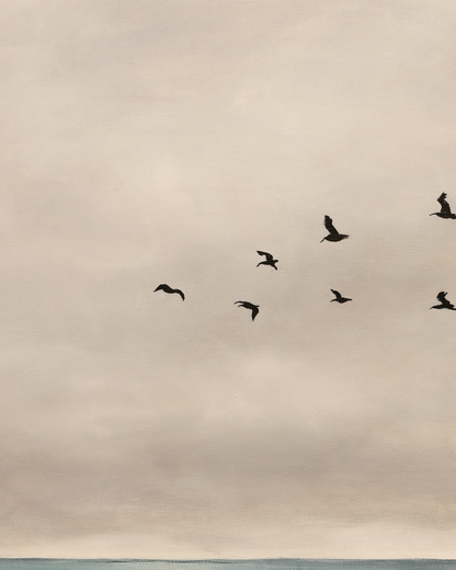 Silhouettes of birds flying against a cloudy sky with a body of water at the bottom.