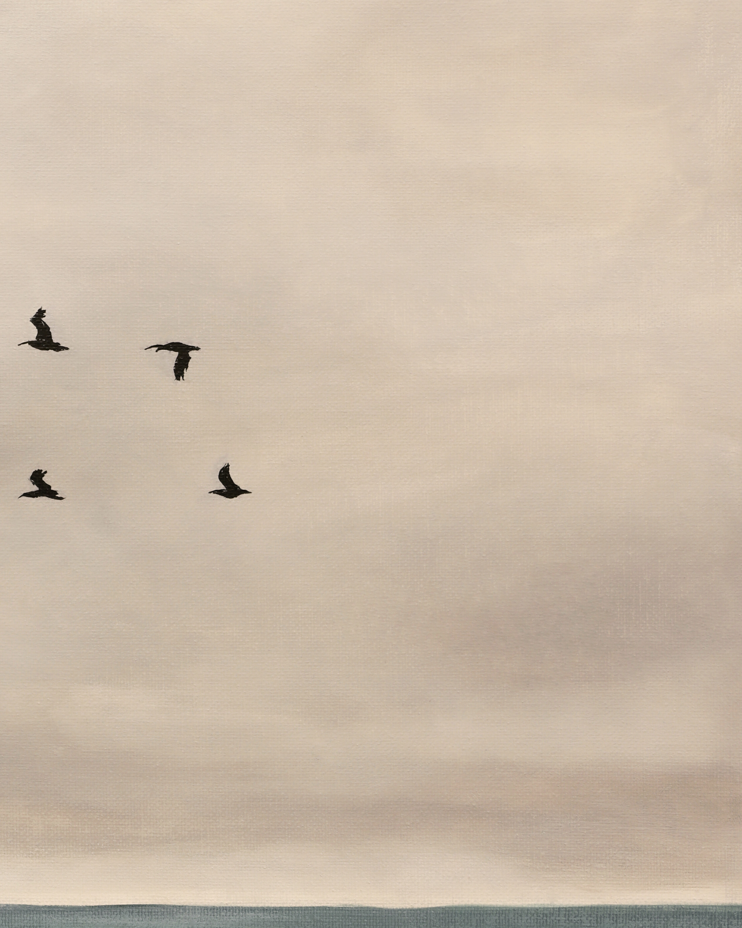 Birds flying against a cloudy sky with a body of water at the bottom.