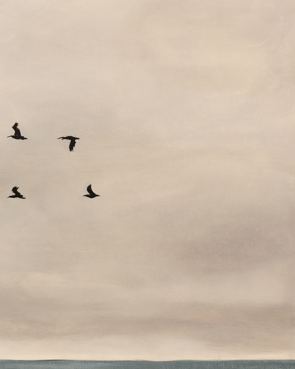 Birds flying against a cloudy sky with a body of water at the bottom.