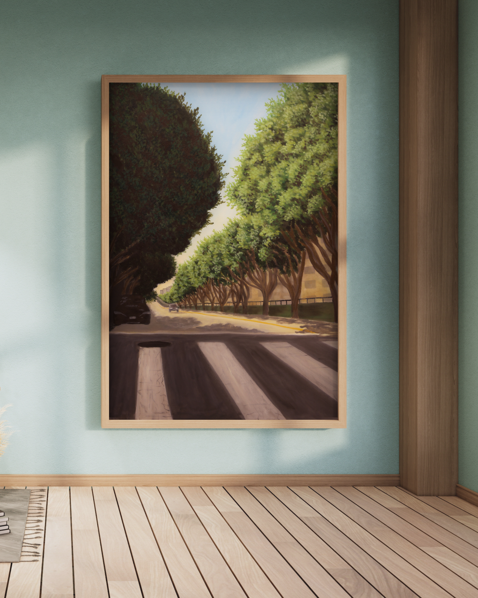 Framed artwork of a tree-lined street on a light blue wall art print for sale