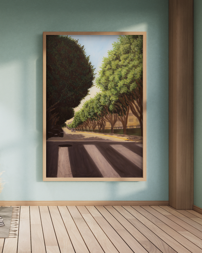 Framed artwork of a tree-lined street on a light blue wall art print for sale
