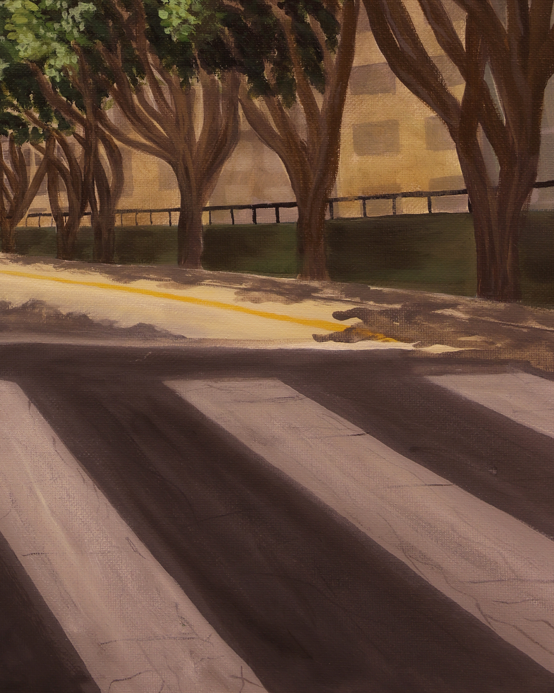 Street with trees and a building in the background painting for sale