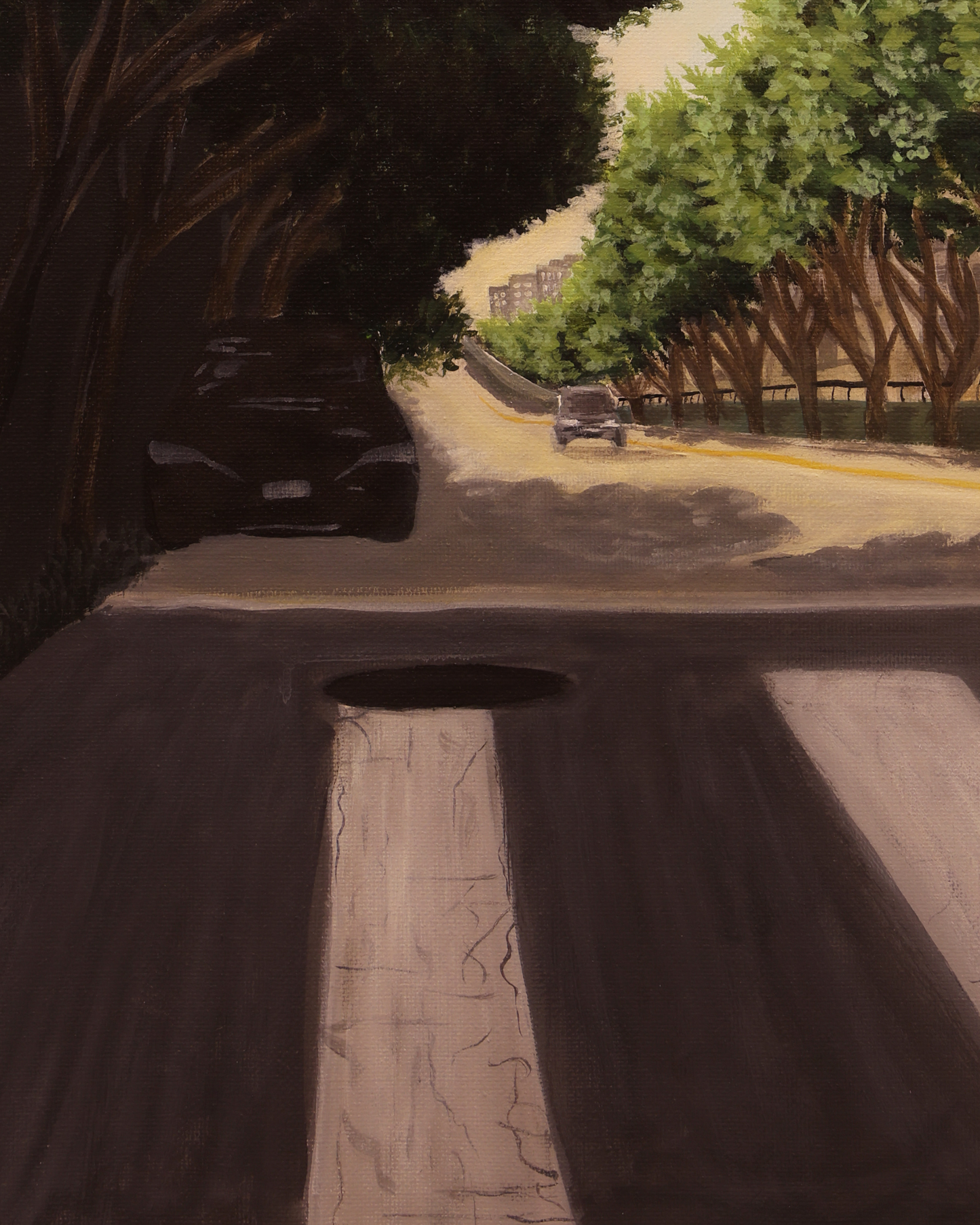 trees, cars and road in a painting for sale